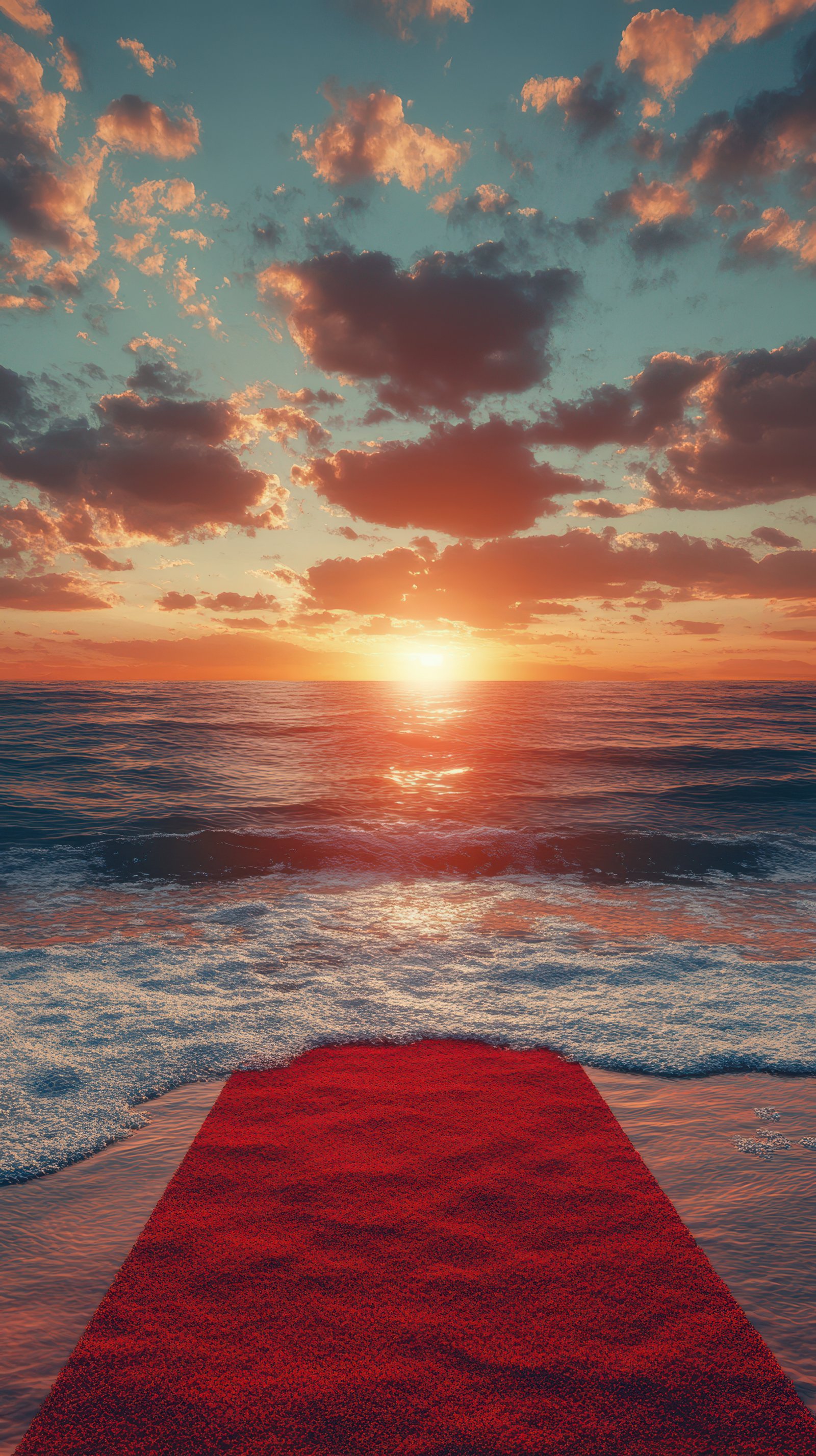 Sunset over the ocean with a red carpet extending to the waves creating a surreal celebration of nature and elegance